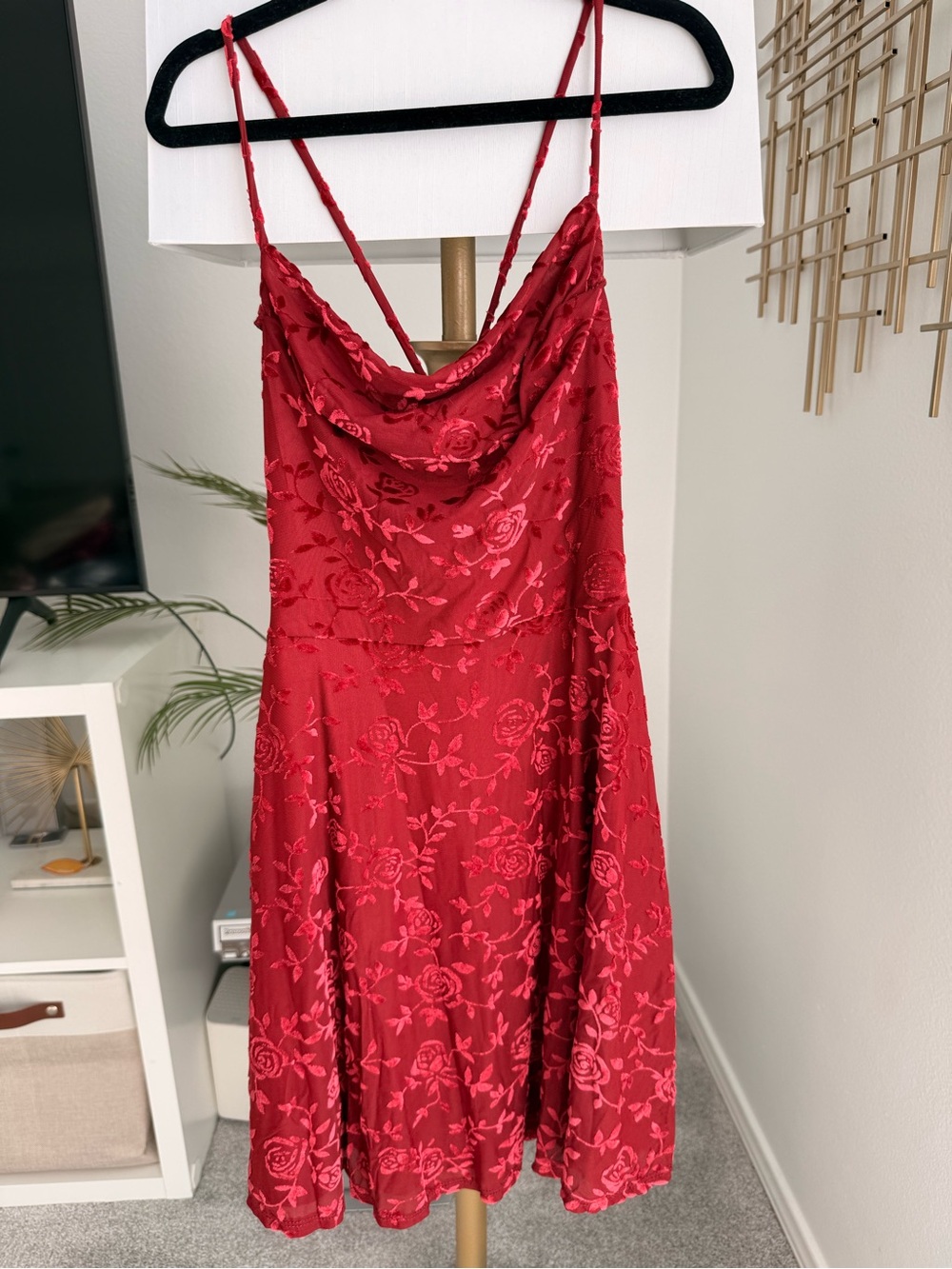 Red Floral Slip Dress with Cowl Neck
